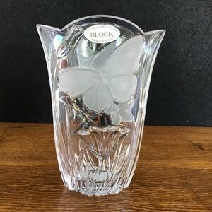 New Block Crystal Vase Butterfly Flowers Glass Hand Crafted Poland